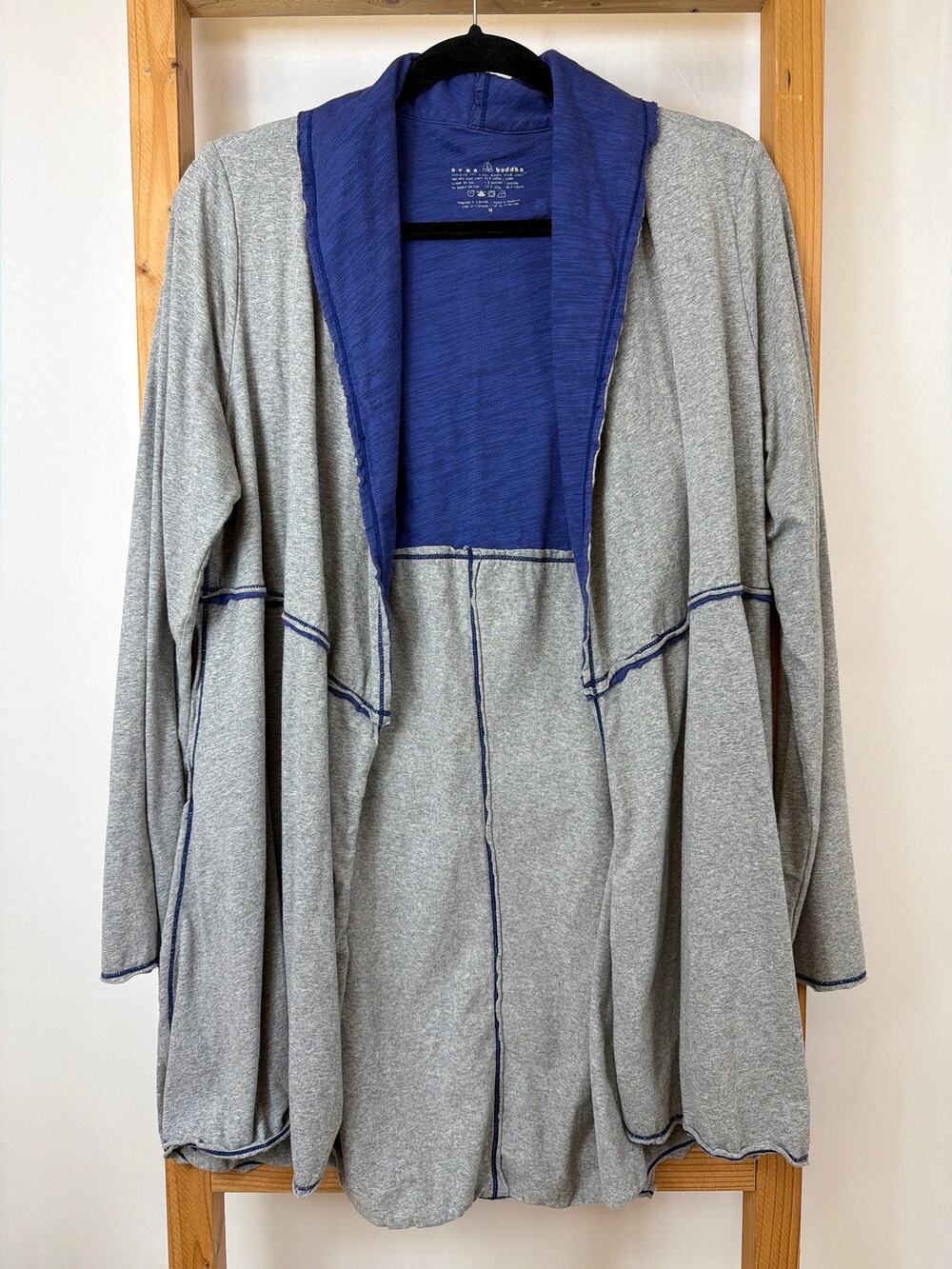 Neon Buddha Grey Blue Contrast Stitching Open Front Jacket Size M